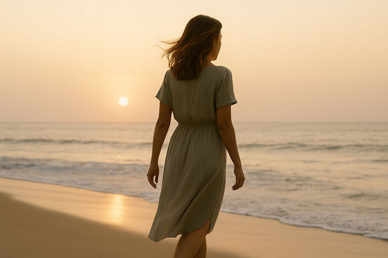 אישה הולכת יחפה על חוף ים, כתפיים רפויות, נשימה עמוקה