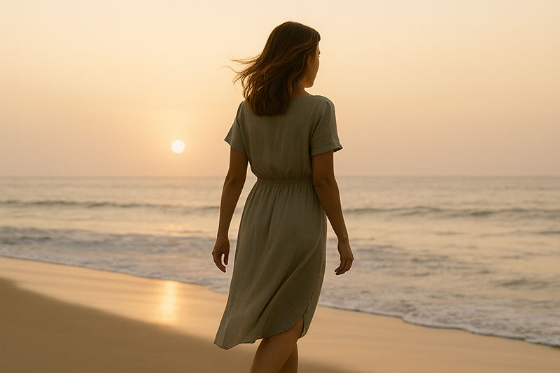אישה הולכת יחפה על חוף ים, כתפיים רפויות, נשימה עמוקה